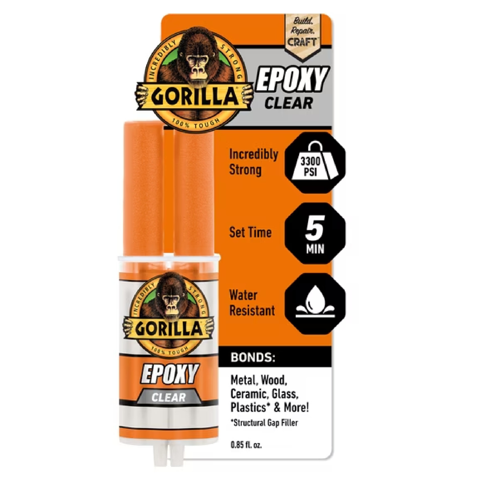 Gorilla 2 Part Epoxy, Clear Epoxy, 0.85 Ounce Syringe (Pack of 1) - 5 Minute Set Gorilla 2 Part Epoxy, Clear Epoxy, 0.85 Ounce Syringe (Pack of 1) - 5 Minute Set