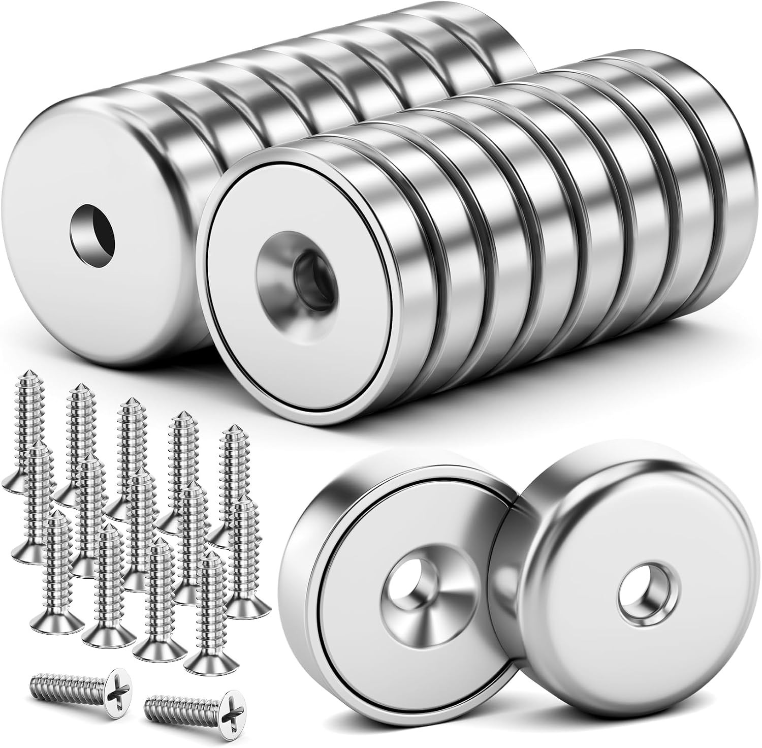 16 Pack 40LBS Strong Neodymium Cup Magnets With Screws Countersunk Hole Mounting