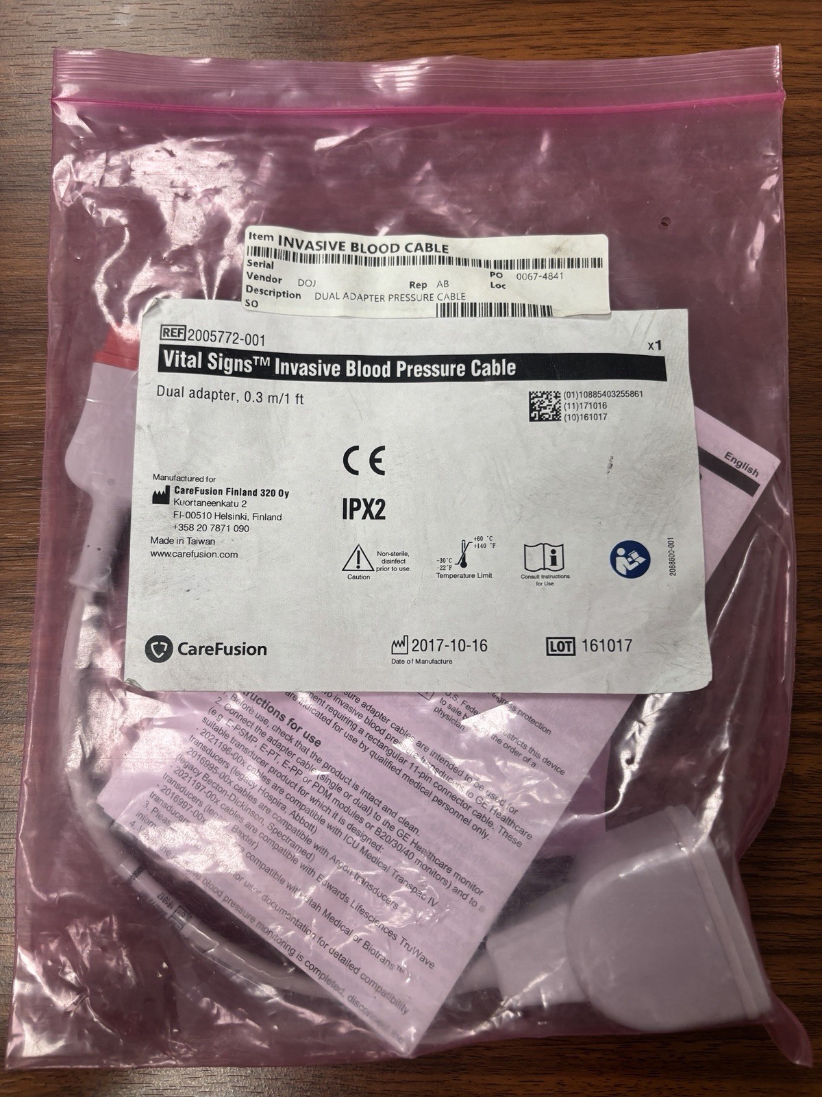 GE Carefusion IBP Cable 2005772-001 (2103966-001) IPX2 dual adapter 0.3m/1ft
