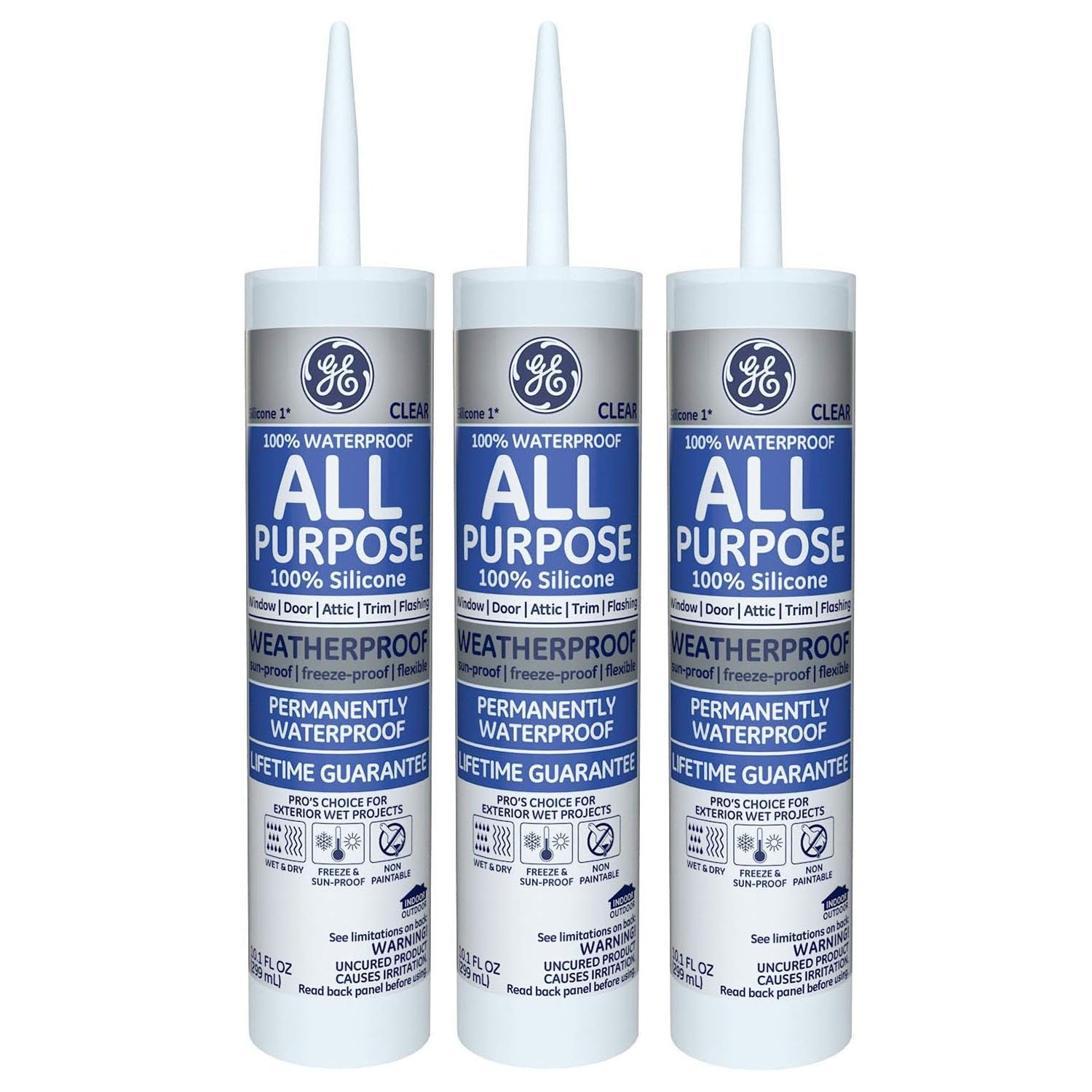 GE GE012 All Purpose Silicone Rubber Caulk 10 oz Clear Waterproof Sealant 3 Pack