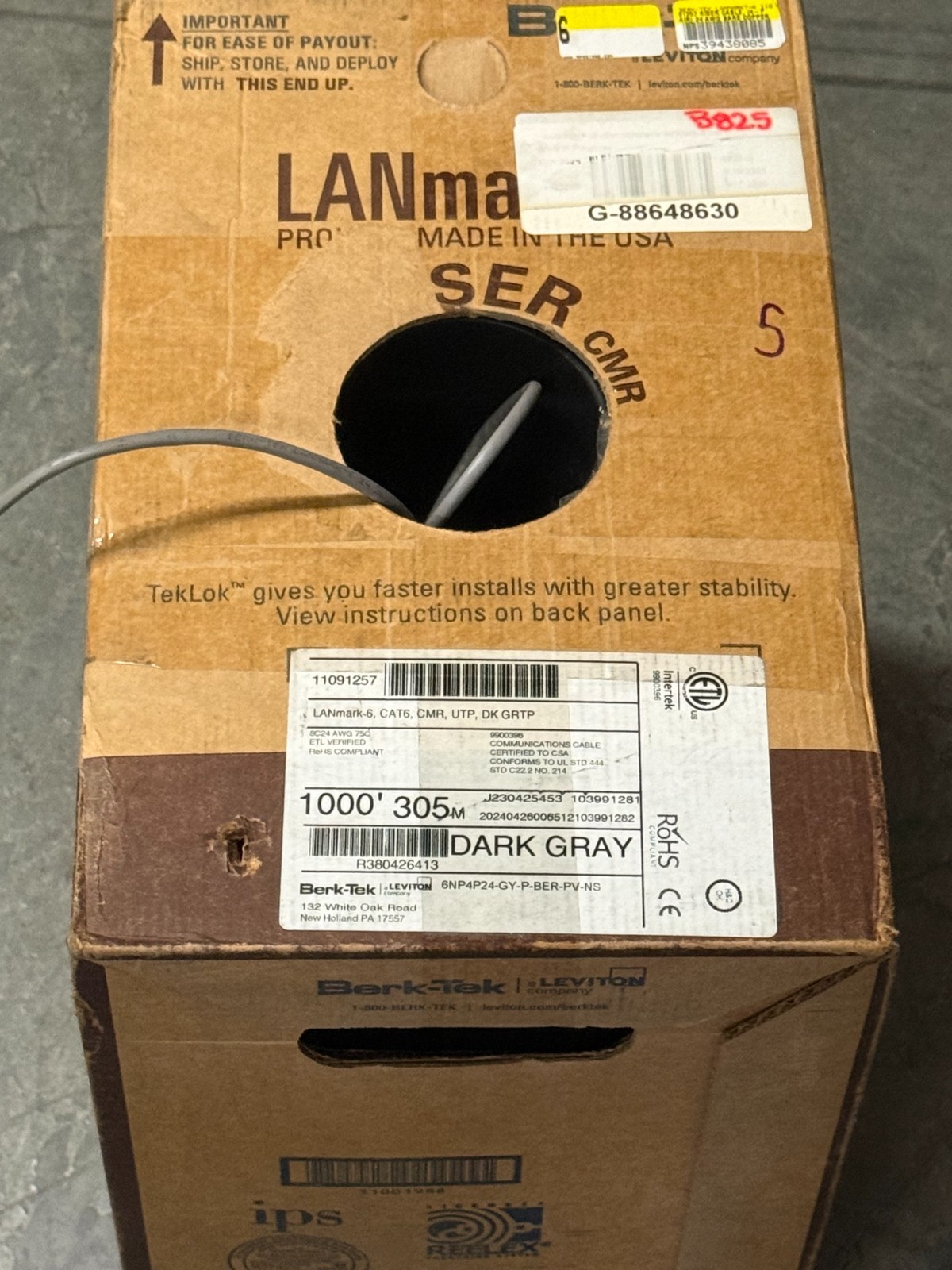 BERK-TEK LANmark-6 CAT6 6U/UTP Cable, CMR, Gray, 1000 ft, 6NP4P24-GY-P-BER-PV-NS