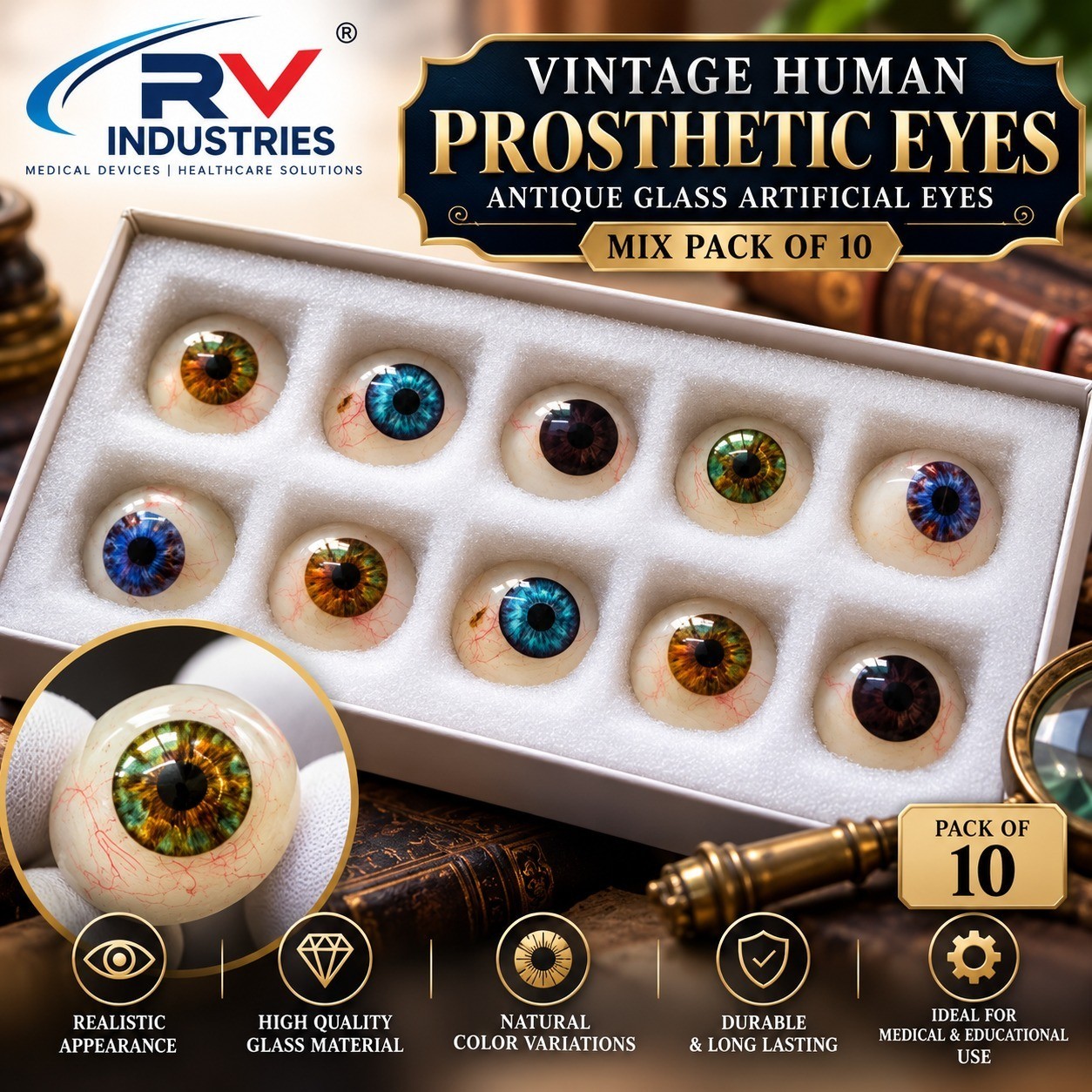 Vintage Human Prosthetic Eyes Antique Glass Artificial Eyes Mix Pack of 10