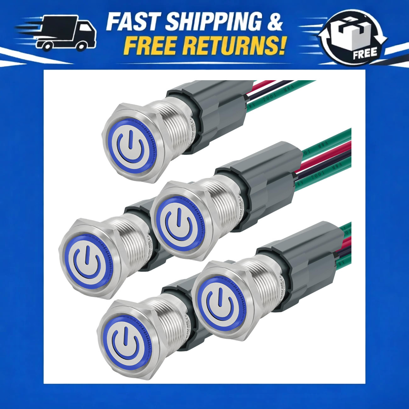 15A 16mm Latching Push Button Switch 12V-24VDC IP67 Waterproof SPST LED Light