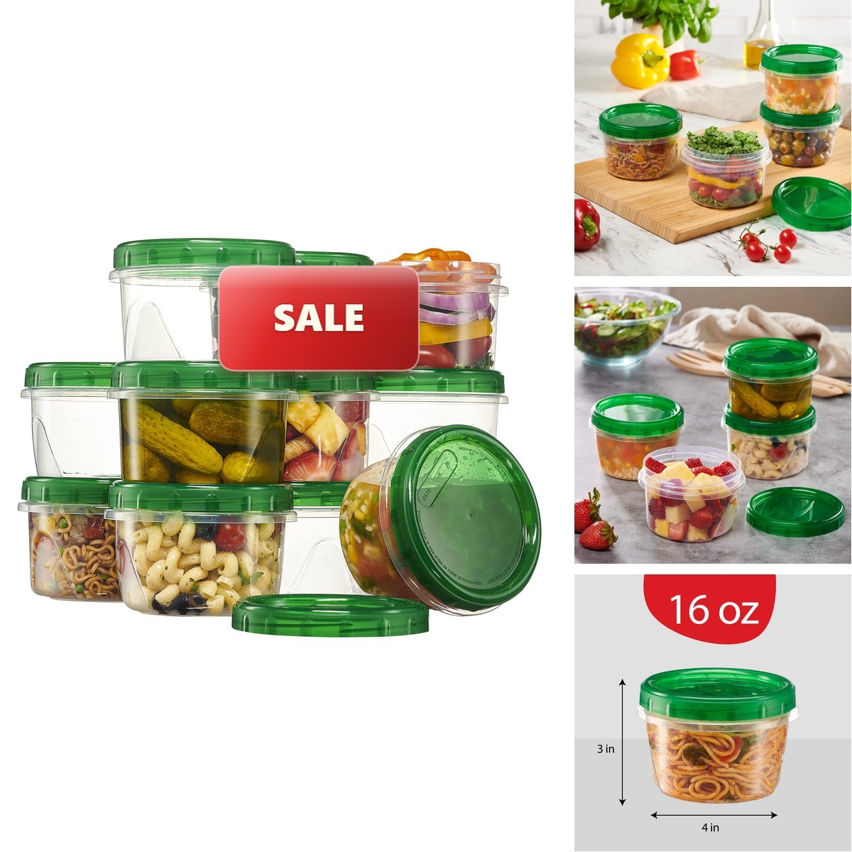 PLASTICPRO 12 Pack Twist Cap Food Storage Containers Green Screw On Lid- 16 Oz PLASTICPRO 12 Pack Twist Cap Food Storage Containers Green Screw On Lid- 16 Oz