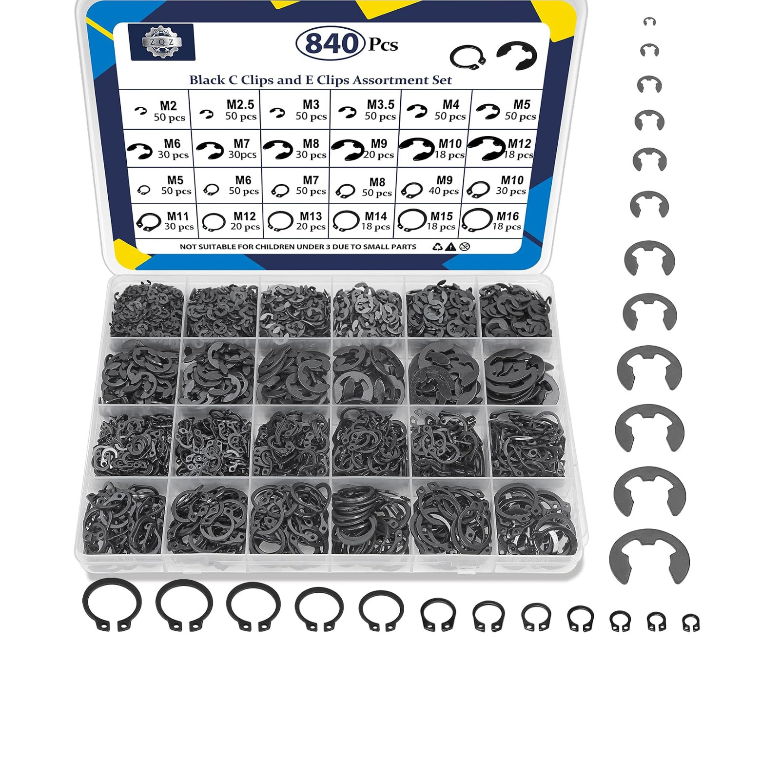 840Pcs C Clips and E Clips Assortment Kit Set of External Retaining Rings