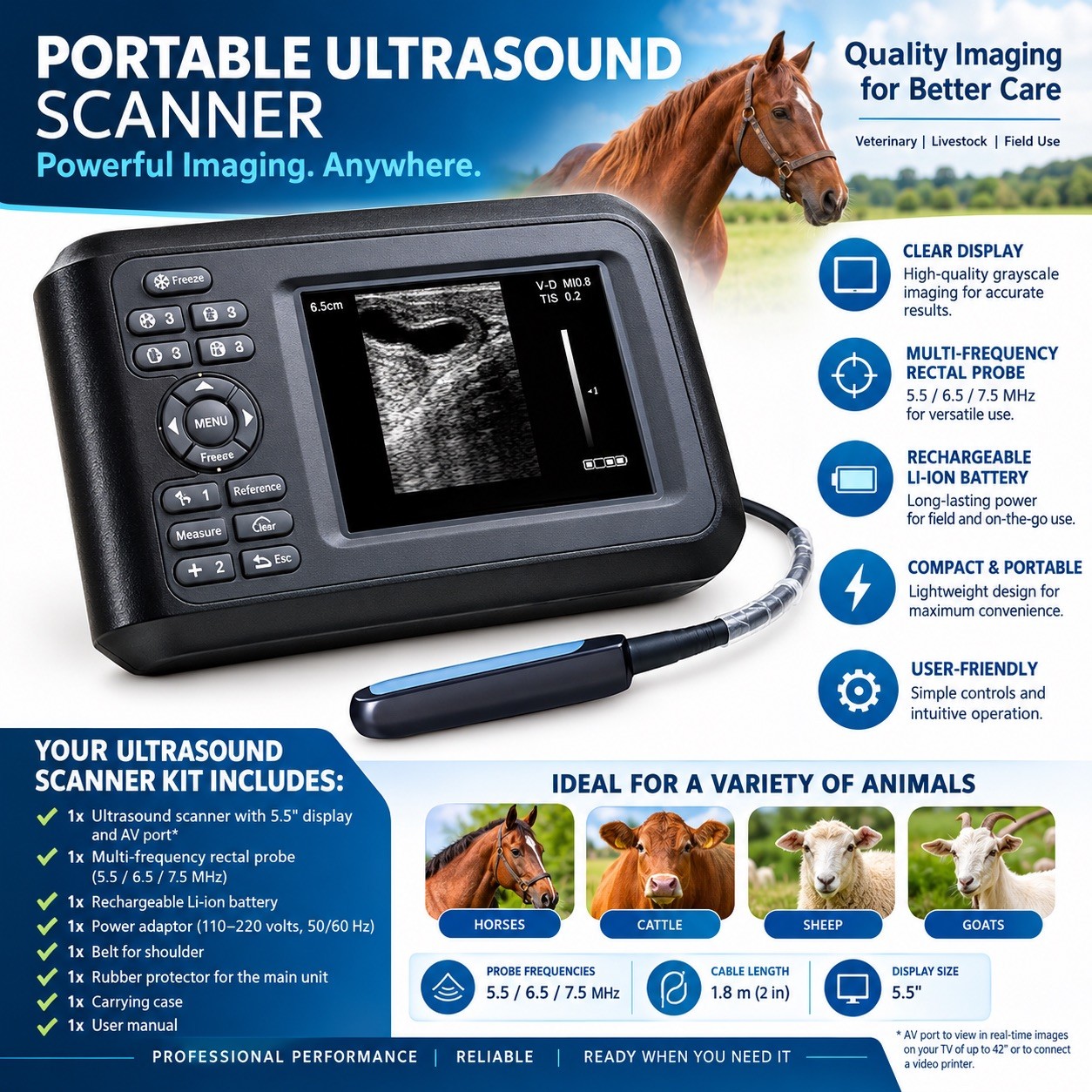 Portable Ultrasound Scanner Veterinary Pregnancy V16 with 7.5 MHz Rectal Probe 