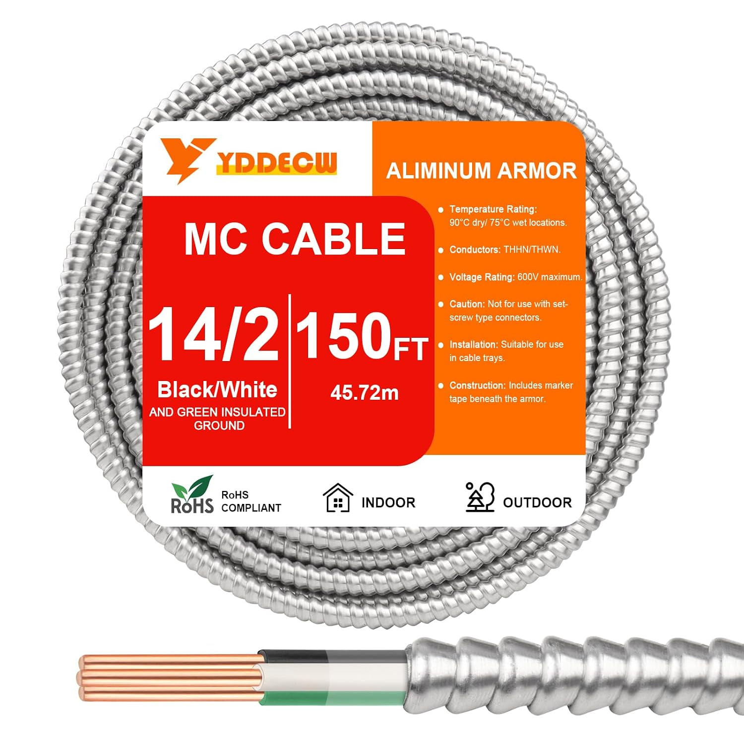 150FT 14/2 Metal Clad (MC) Cable with Ground, 14 Gauge Electric Wire with Alumin