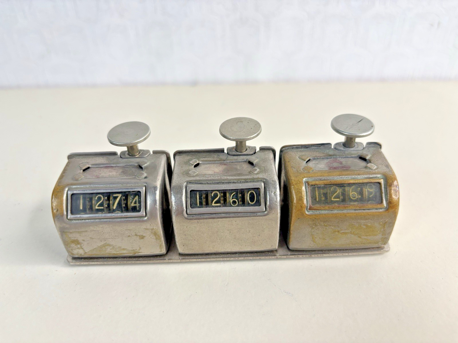 Vintage Tally Counter Mechanical Triple 3 Metal Button Denominator Company Vintage Tally Counter Mechanical Triple 3 Metal Button Denominator Company
