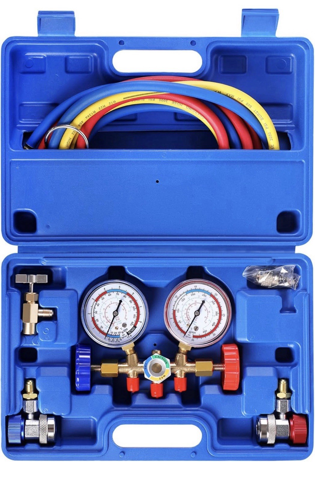 R134A Manifold Gauge Set with R134A Can Tap Quick Coupler 3 Way AC Diagnostic