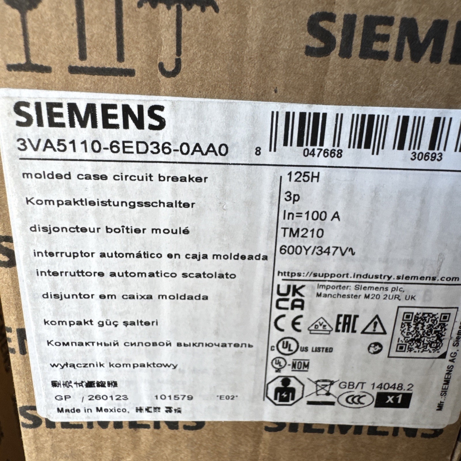 Siemens Circuit Breaker 3VA5110-6ED36-0AA0 100 Amp 600 Volt 3 Pole 