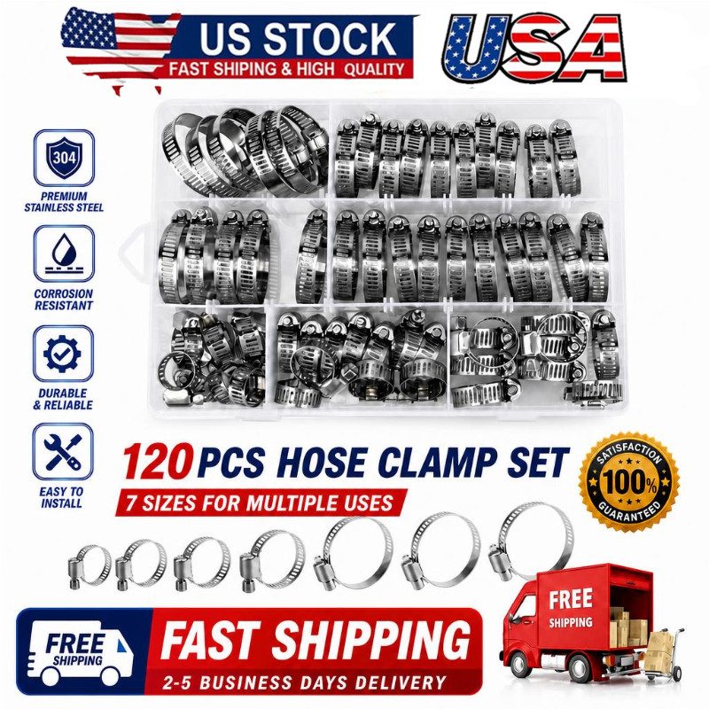 120PCS/Set Stainless Steel Hose Clamp Adjustable Worm Gear Clamp Assortment Kit