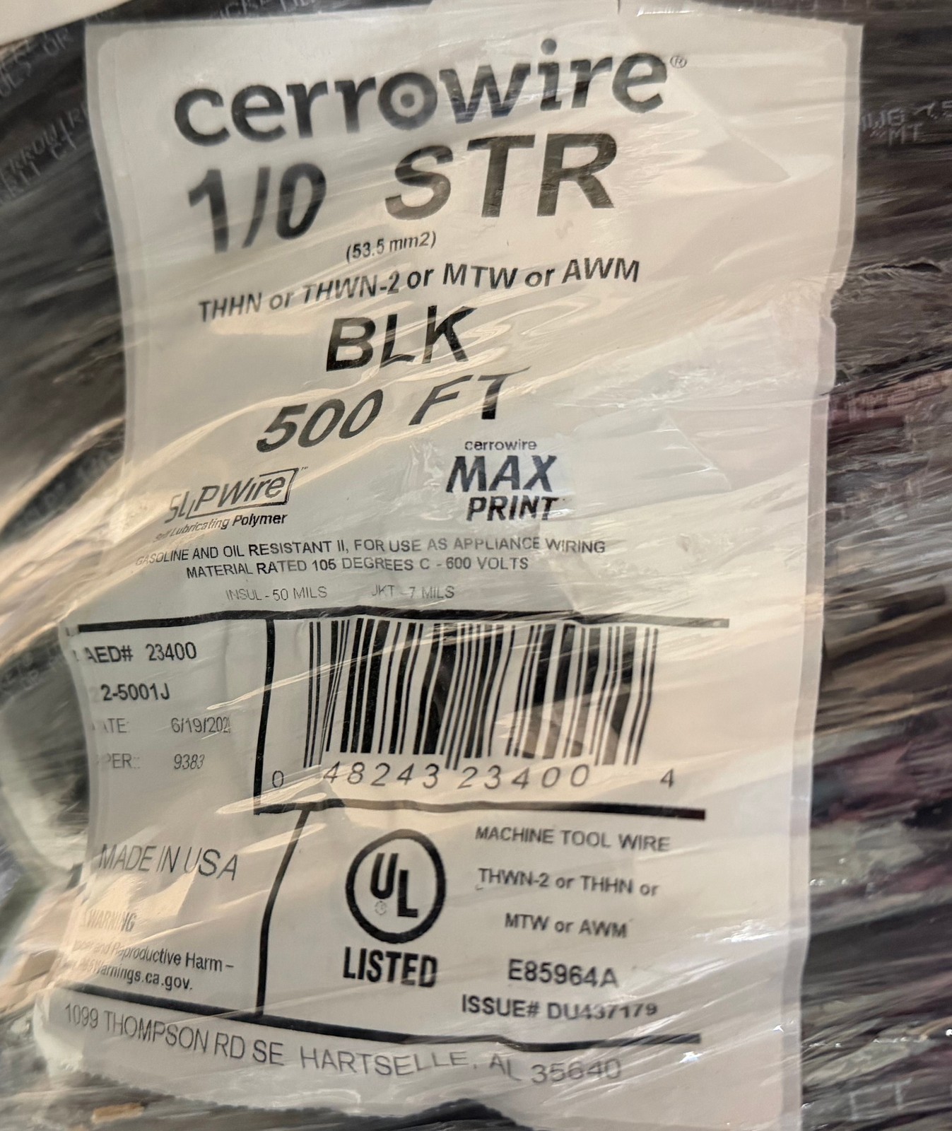 Cerrowire 1/0 Black Stranded Copper THHN Wire 75 FT