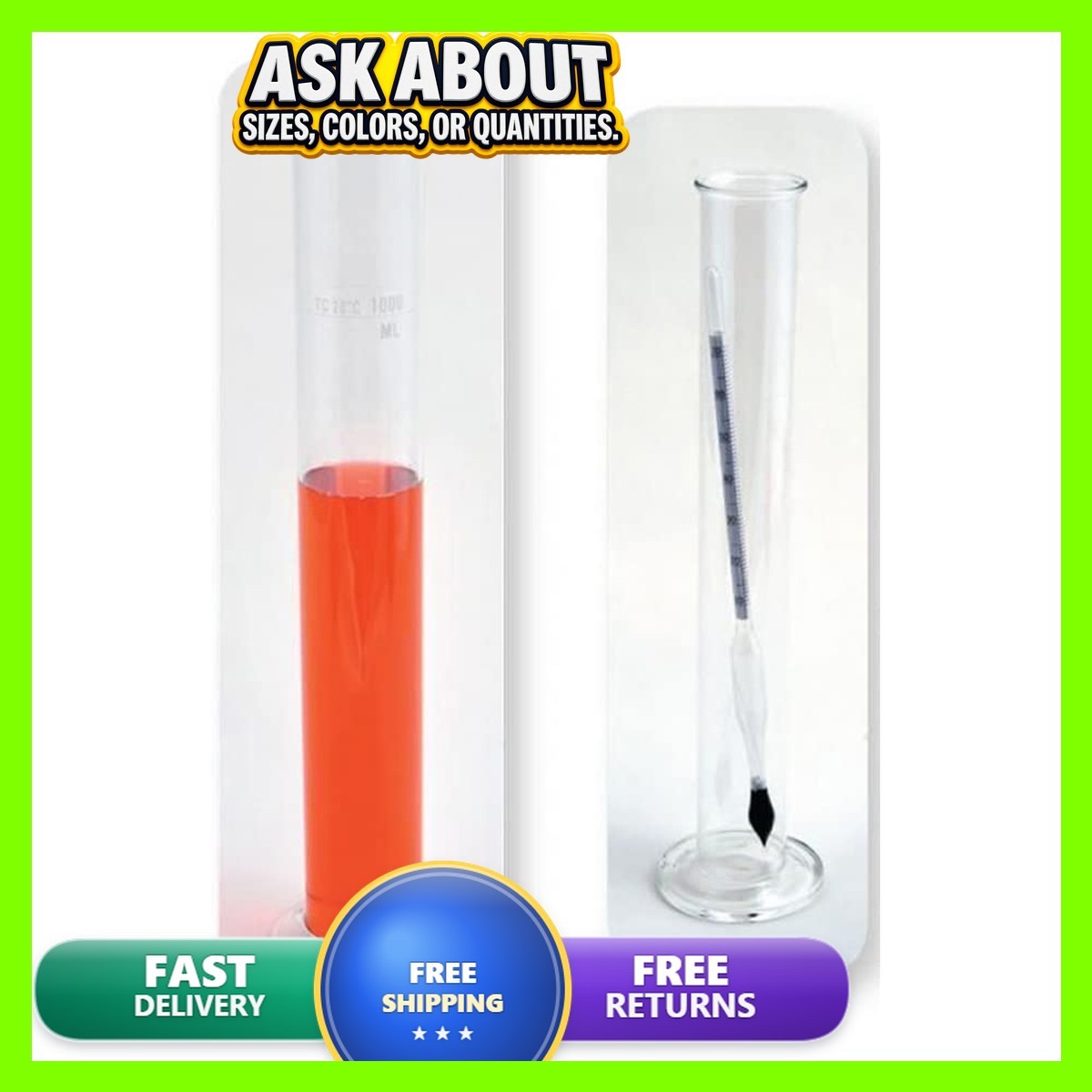 United Scientific HYC600 Borosilicate Glass Hydrometer Cylinder, 600ml Capacity
