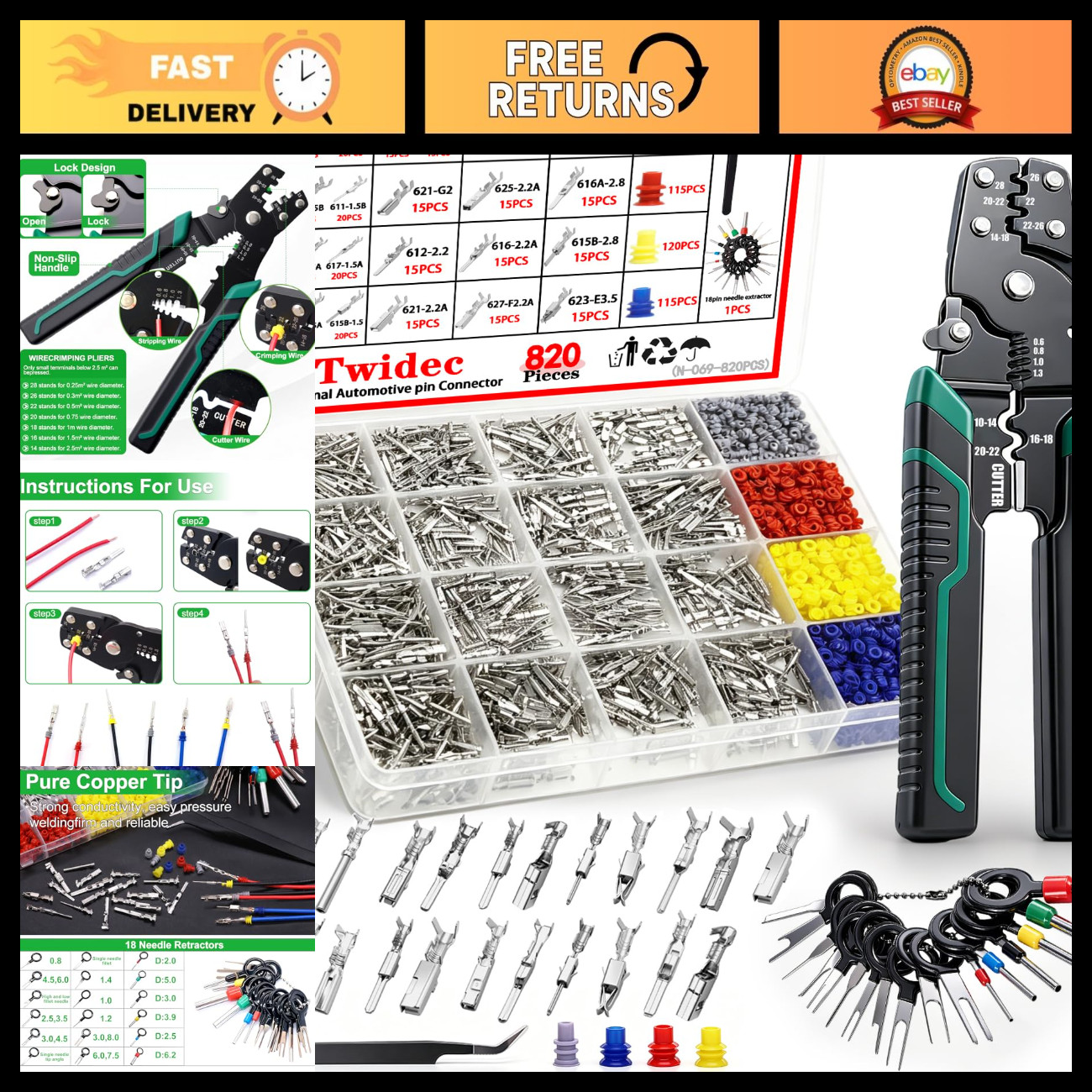 820PCS Crimping Connector Kit with Pliers, Auto Electrical Wire Terminals, 21 Ty