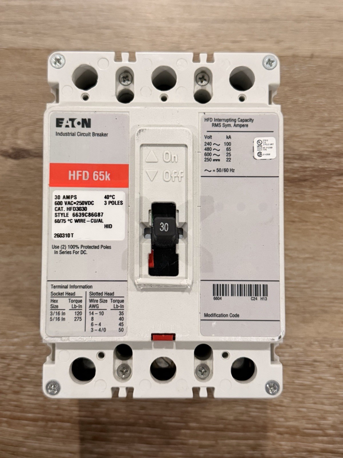 Eaton HFD3030 30A 3-Pole 600V Industrial Circuit Breaker HFD 65k