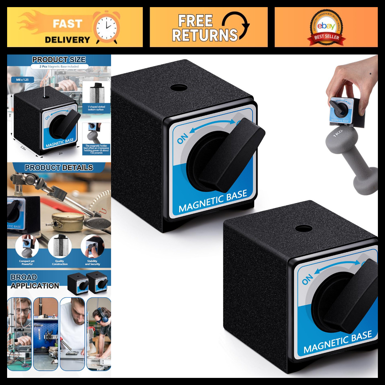 2 Pcs Magnetic Base Holder with On/Off Switch for Easy Control - 6T Adjustable
