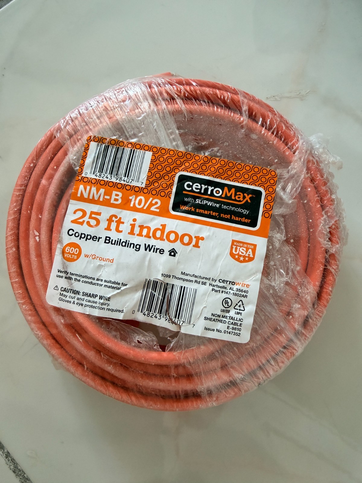 Cerrowire 10/2 NM-B Copper Electrical Wire 25 FT Orange 600V Indoor w/Ground