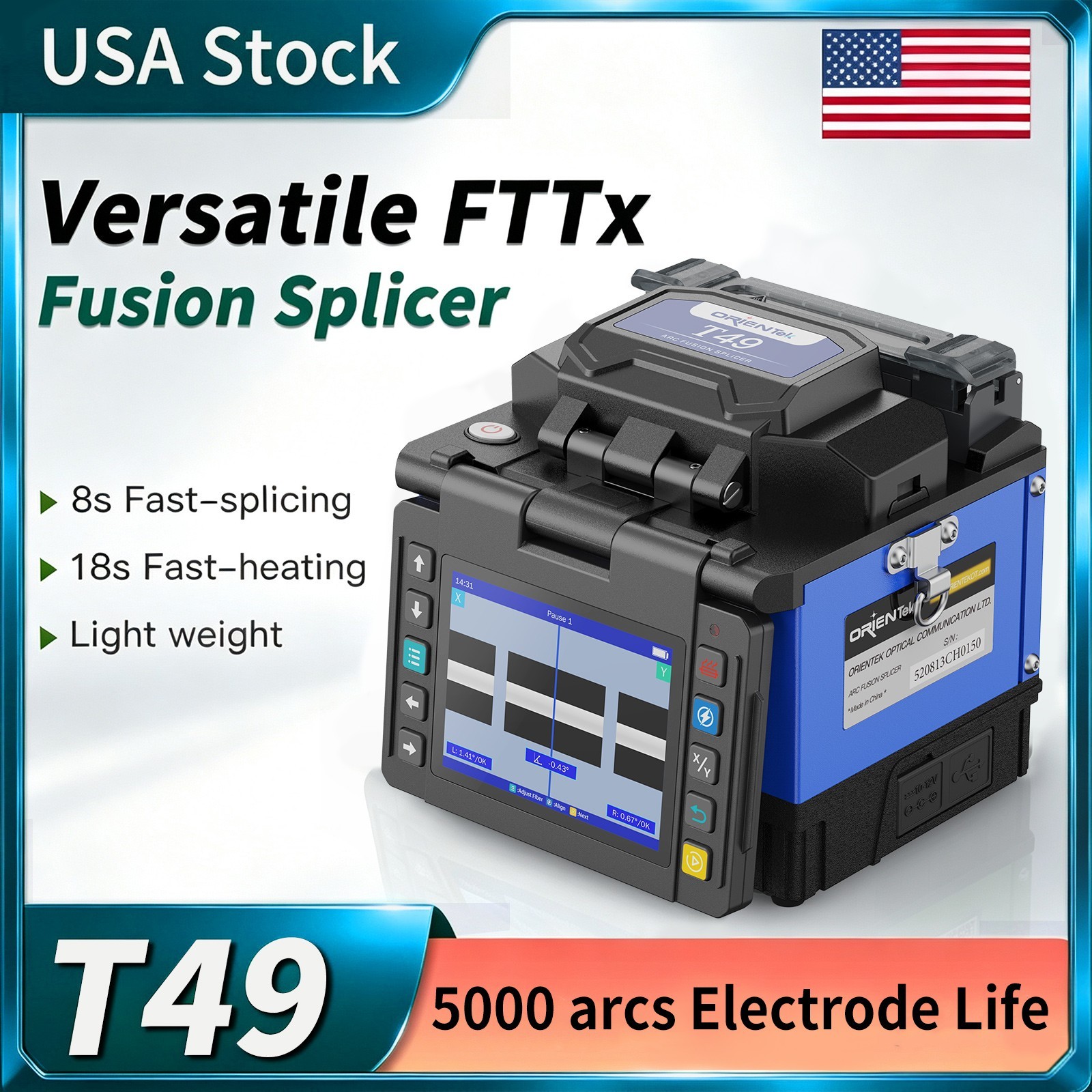 Orientek T49 Professional Fiber Optic Fusion Splicer Machine w/ 8s Fast Splicing Orientek T49 Professional Fiber Optic Fusion Splicer Machine w/ 8s Fast Splicing