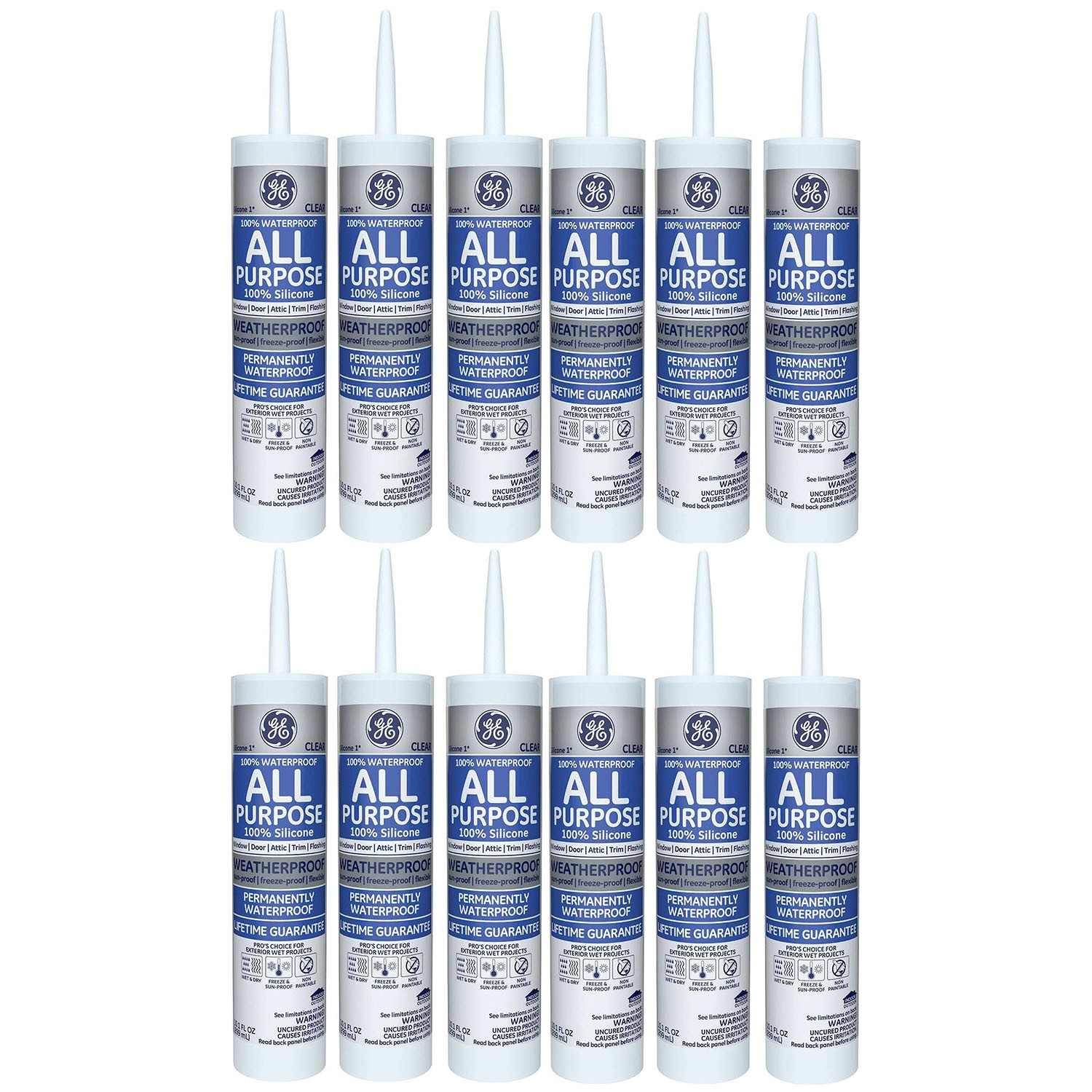 GE GE012 All Purpose Silicone Caulk 10 oz Clear Waterproof Sealant 12 Pack