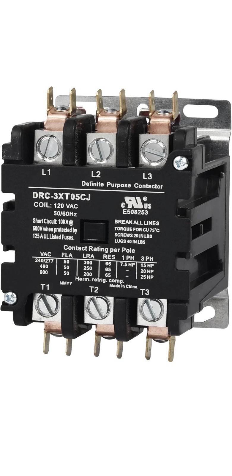 SUNLEE 50 Amp 65 RES 3 Pole 120v coil DP Contactor A2L Compliant UL MissingScrew