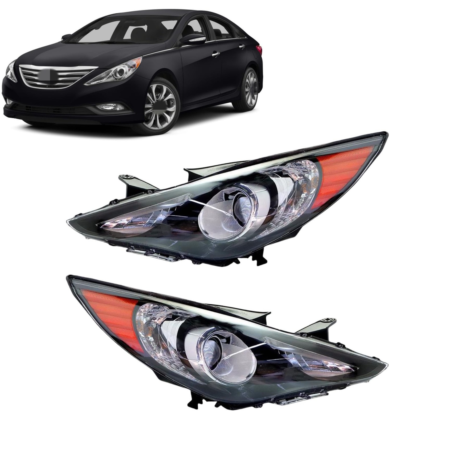 2PCS Left and Right Headlights Halogen Black Housing for Sonata 2011 2014