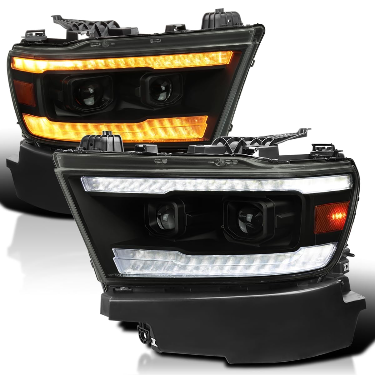 Black Smoke Projector Headlights Sequential LED Tube for 2019-2024 Ram 1500 Pair