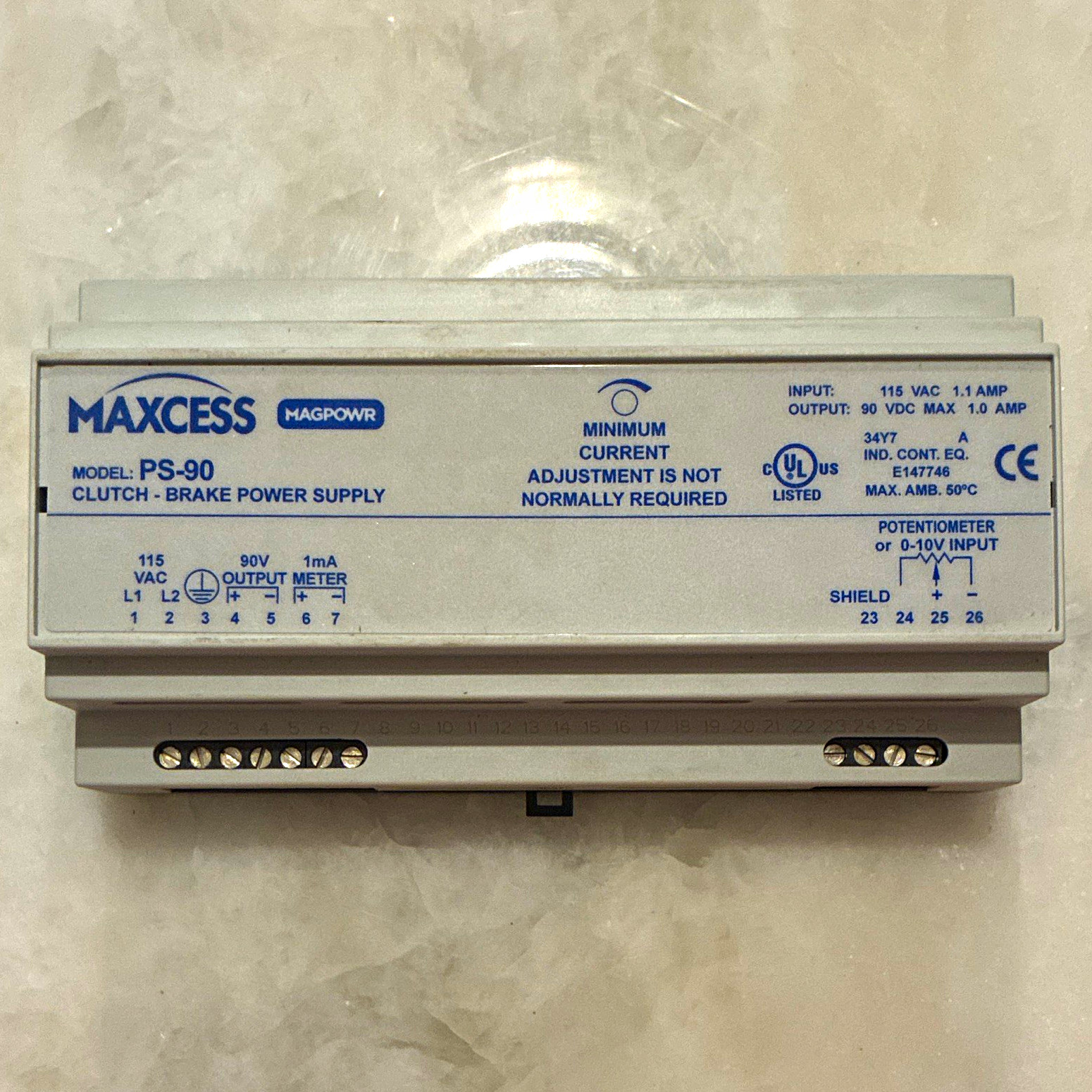 Maxcess PS-90 Clutch-Brake Power Supply 115VAC 90VDC 1A DIN Rail 0-10V