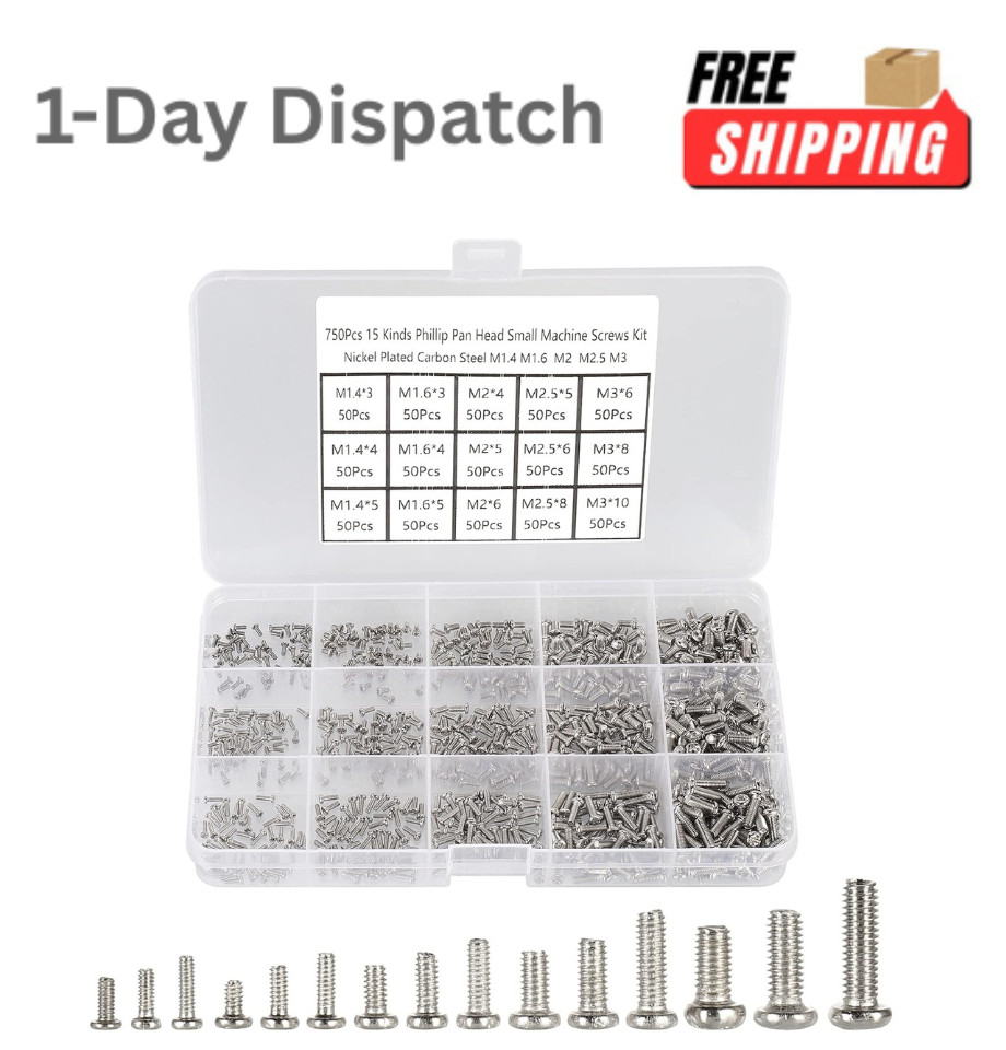750pcs M1.4 M1.6 M2 M2.5 M3 Phillips Pan Head Small Machine Screws Kit