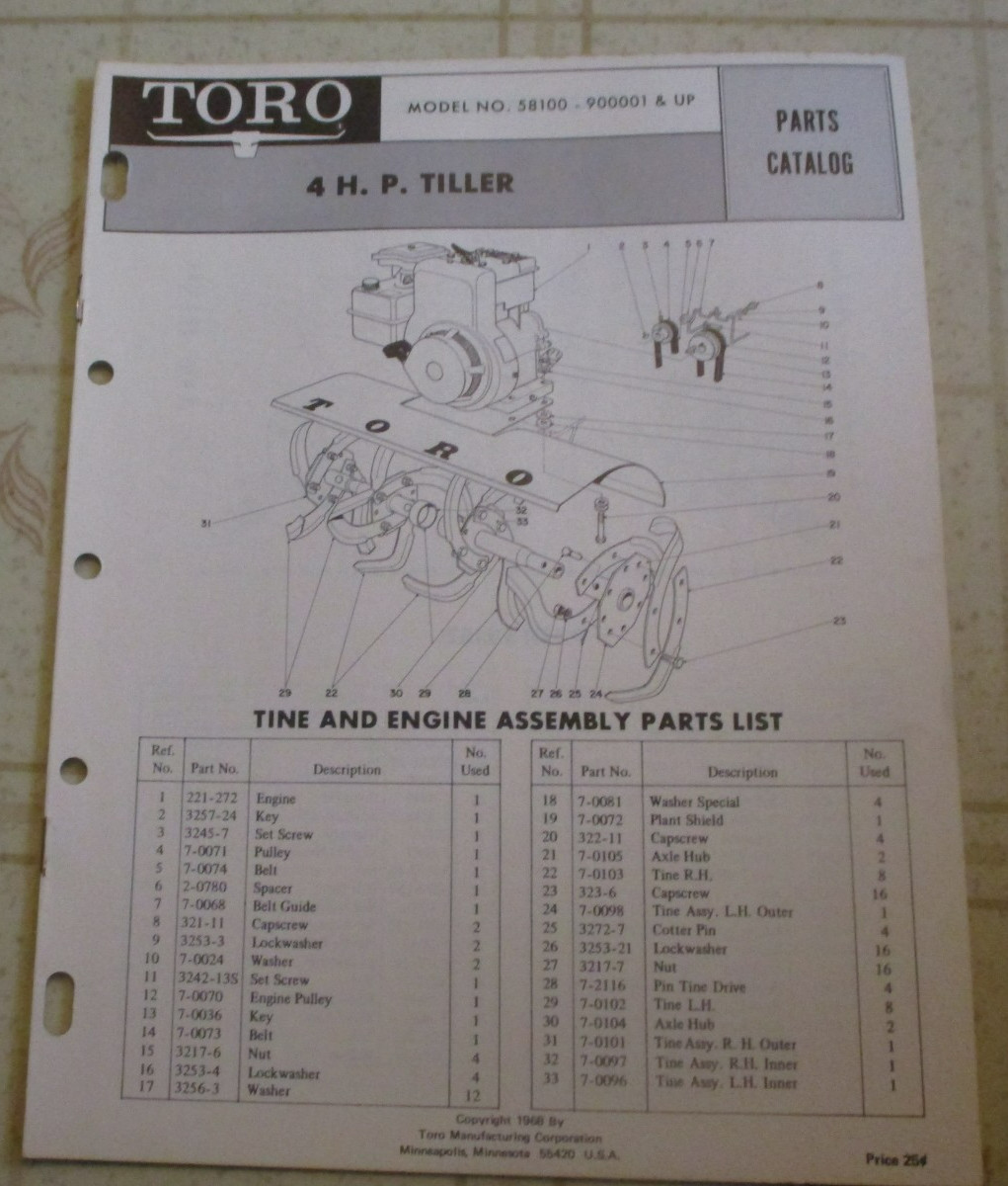 Toro 4 hp tiller 58100 4 HP Tiller Parts Catalog Manual 1968