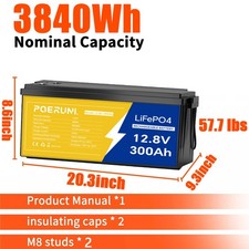 POERUNI 12V 300Ah LiFePO4 Lithium Battery 3840Wh BMS Deep Cycle RV ...