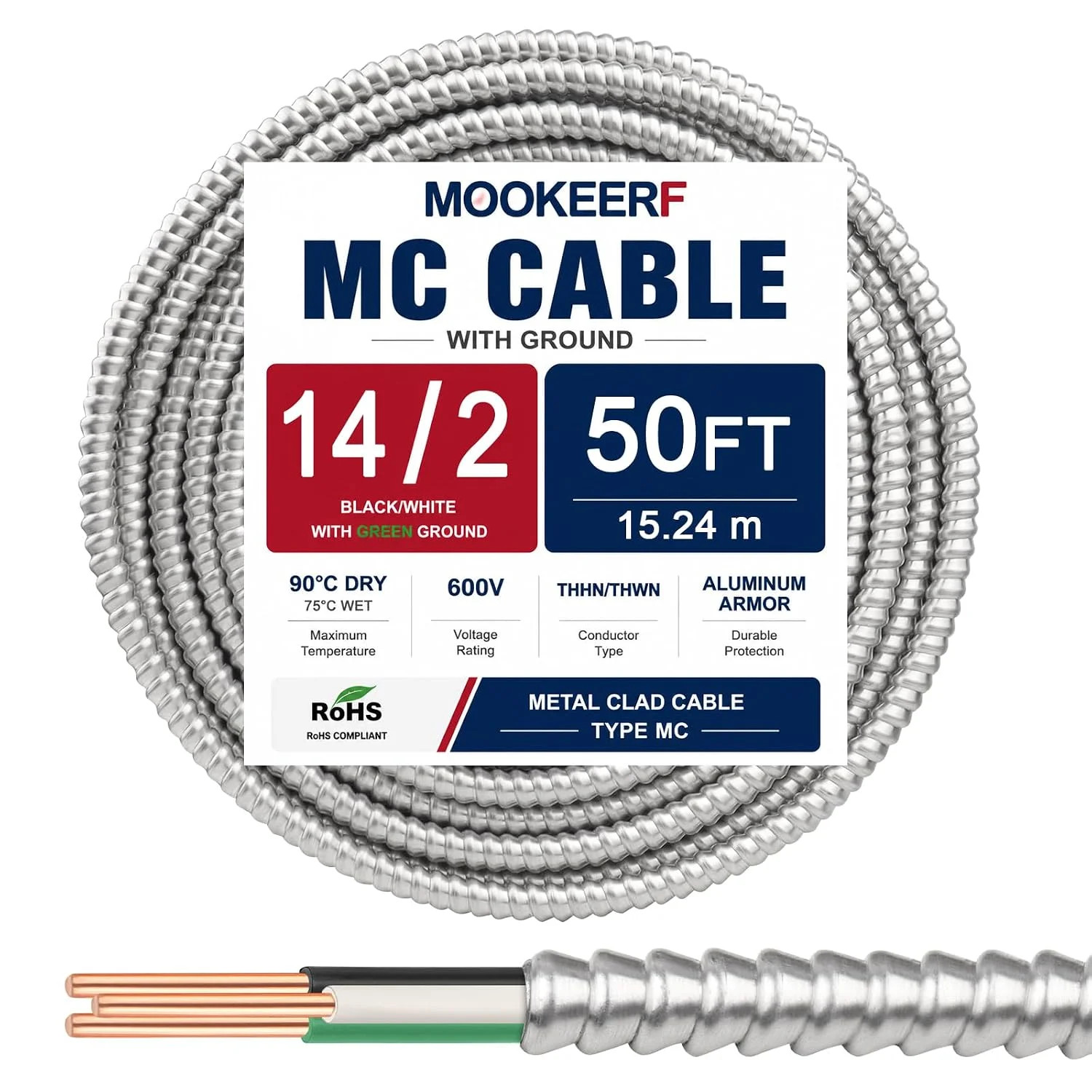 MOOKEERF 14/2 MC Cable with Ground - 50FT Pure Copper 14AWG/2 Metal Clad Wire wi