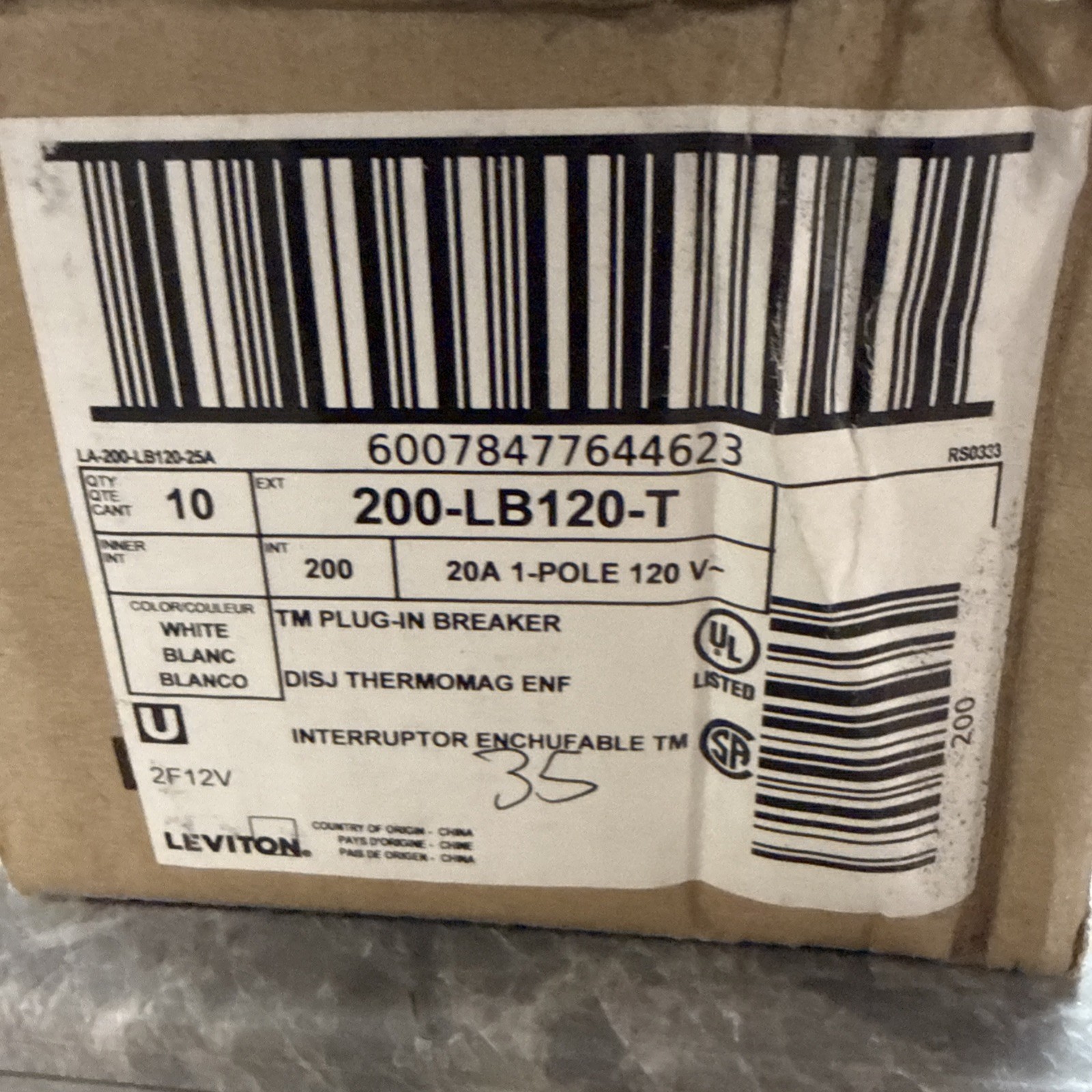 (10) Leviton 200-LB120-T 20A 1-Pole 120V Plug-In Circuit Breaker - NEW BOX OF 10