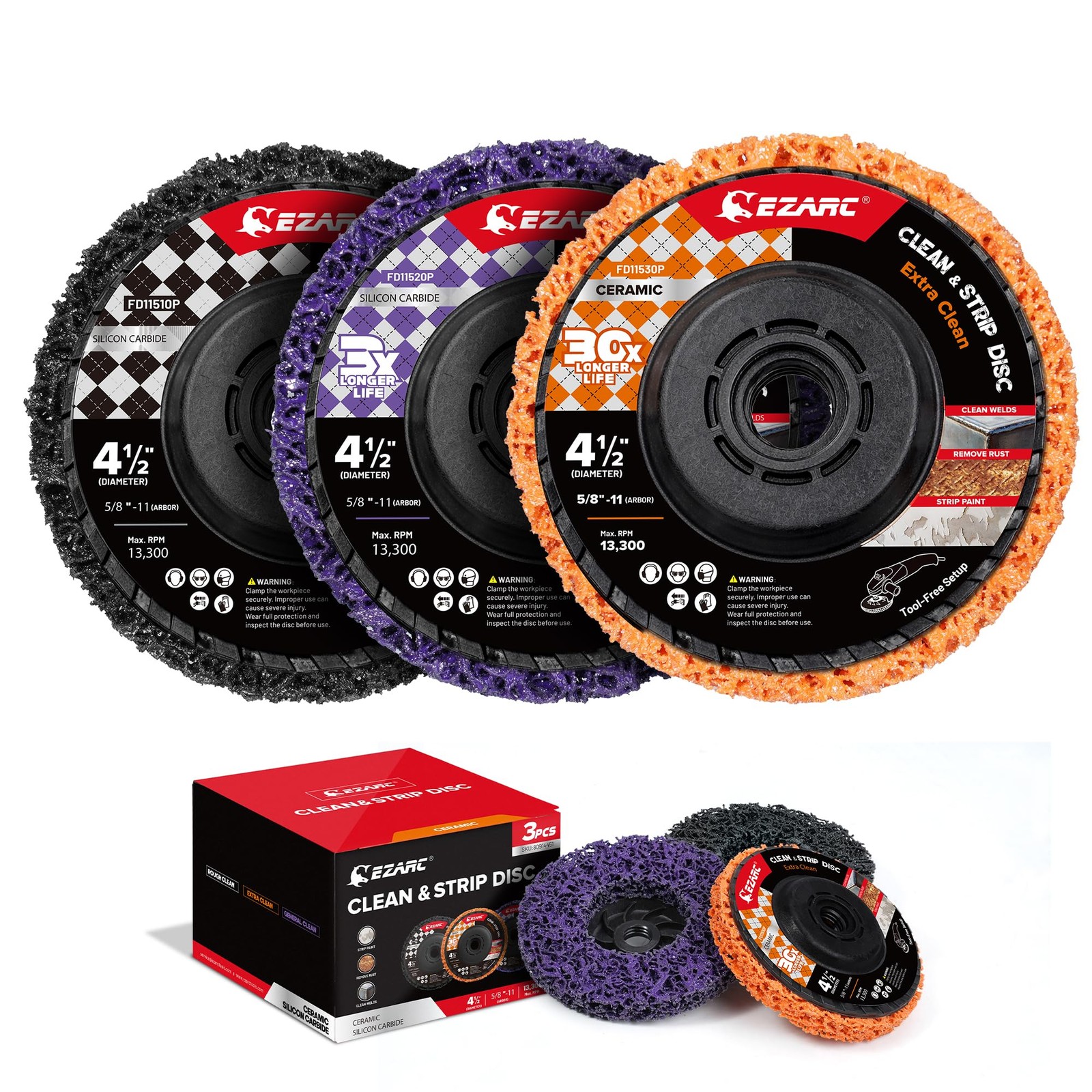 EZARC Paint Stripping Disc Set, 4-1/2 x 7/8, Black/Purple/Orange-3pk EZARC Paint Stripping Disc Set, 4-1/2 x 7/8, Black/Purple/Orange-3pk