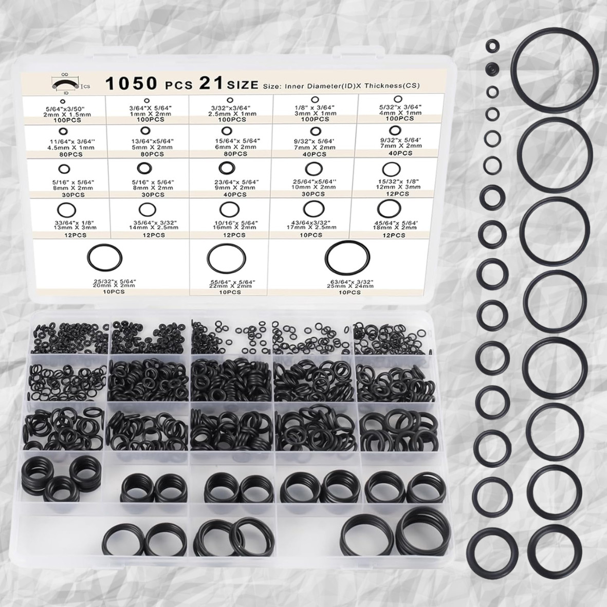 1050PCS Metric O Ring Kit 21 Sizes Nitrile Rubber Seal Assortment