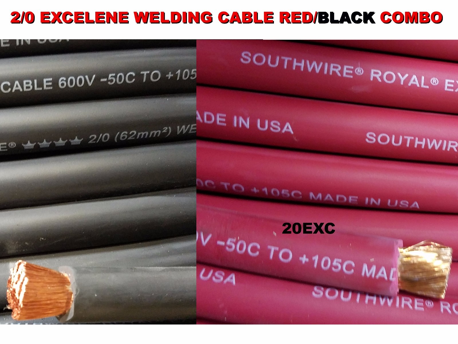 20' 2/0 EXCELENE WELDING CABLE 10 FT RED & 10 FT BLACK USA MADE 105 EPDM JACKET
