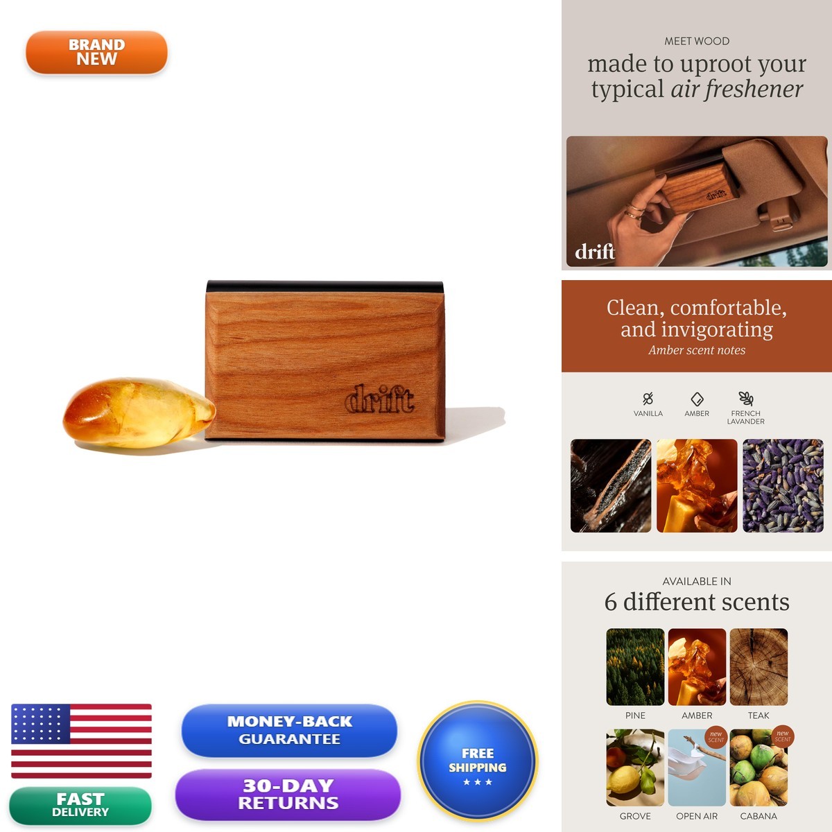 Drift Car Air Freshener - Original Wood - Amber Scent Starter Kit - Metal Clip