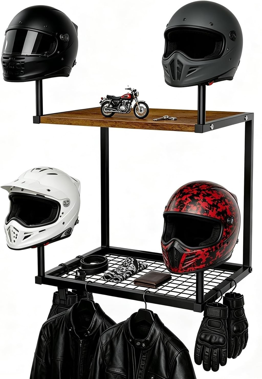 Motorcycle Helmet Wall Mount Rack with 4 Hat Stands Mesh Basket Glove Clips