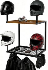 Motorcycle Helmet Wall Mount Rack with 4 Hat Stands Mesh Basket Glove Clips picture