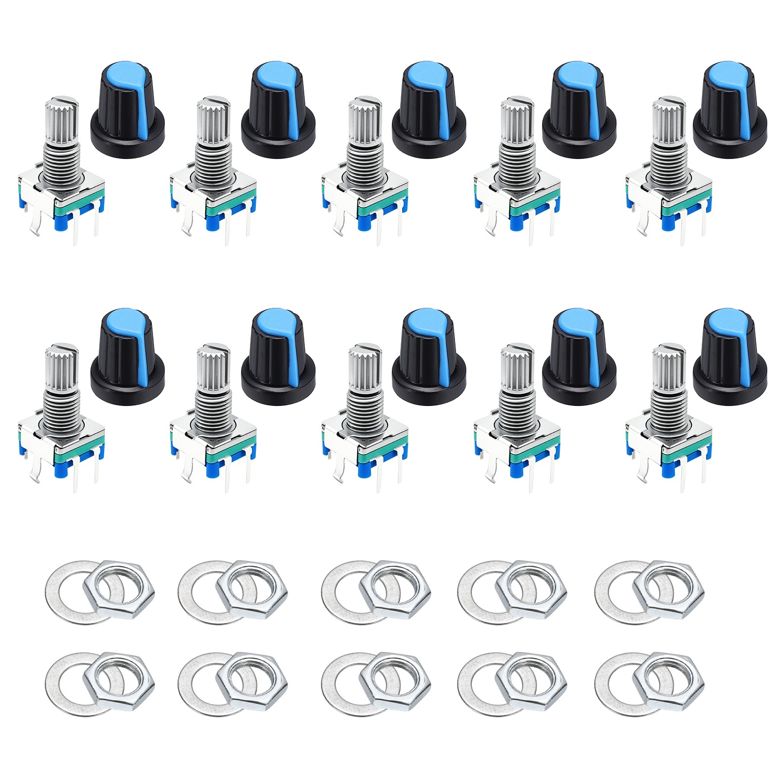 10Pcs Rotary Encoder 15mm Full Shaft Potentiometer with Blue Plastic Knob