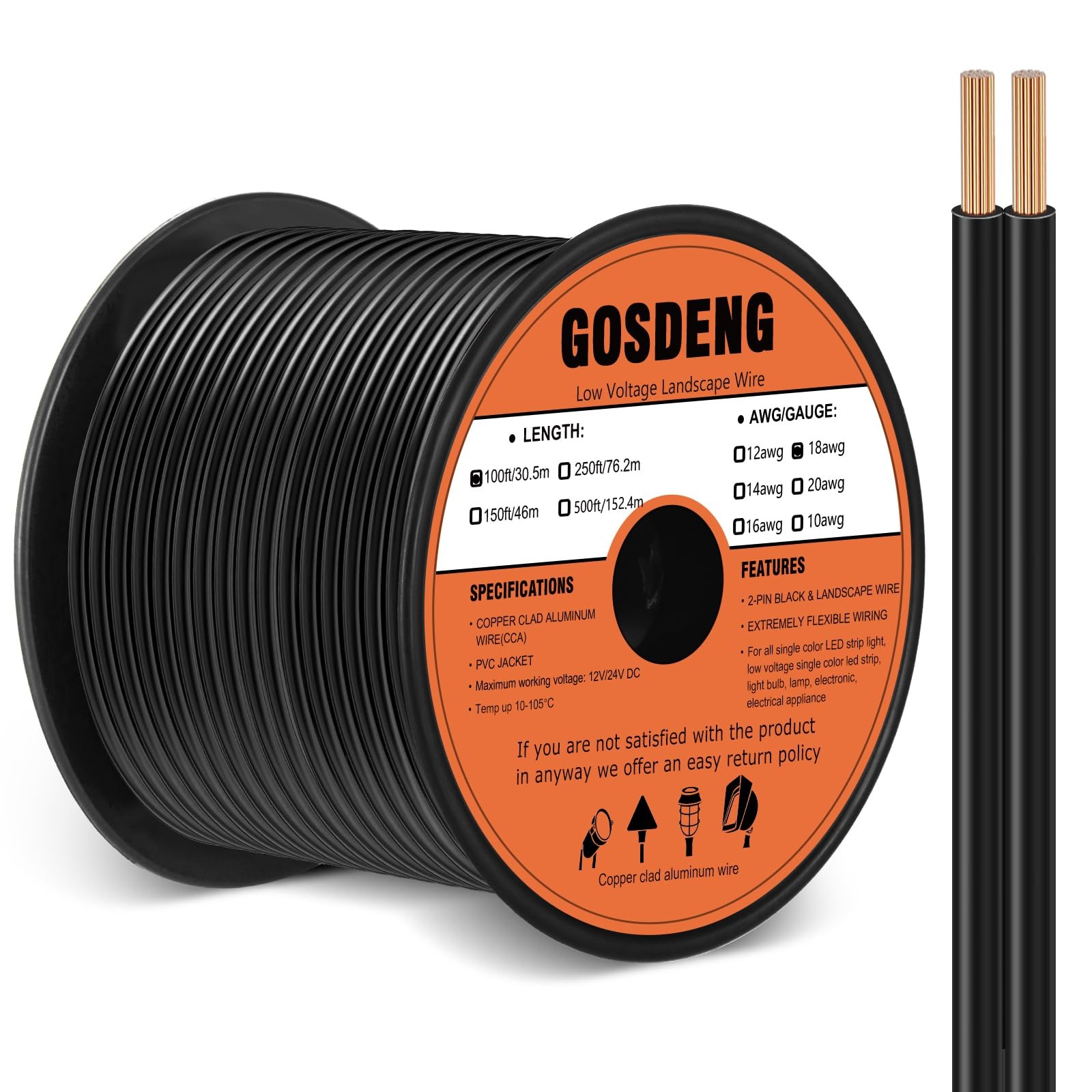GOSDENG 18/2 Low Voltage Landscape Wire, 18 Gauge Direct Burial Cable 100ft