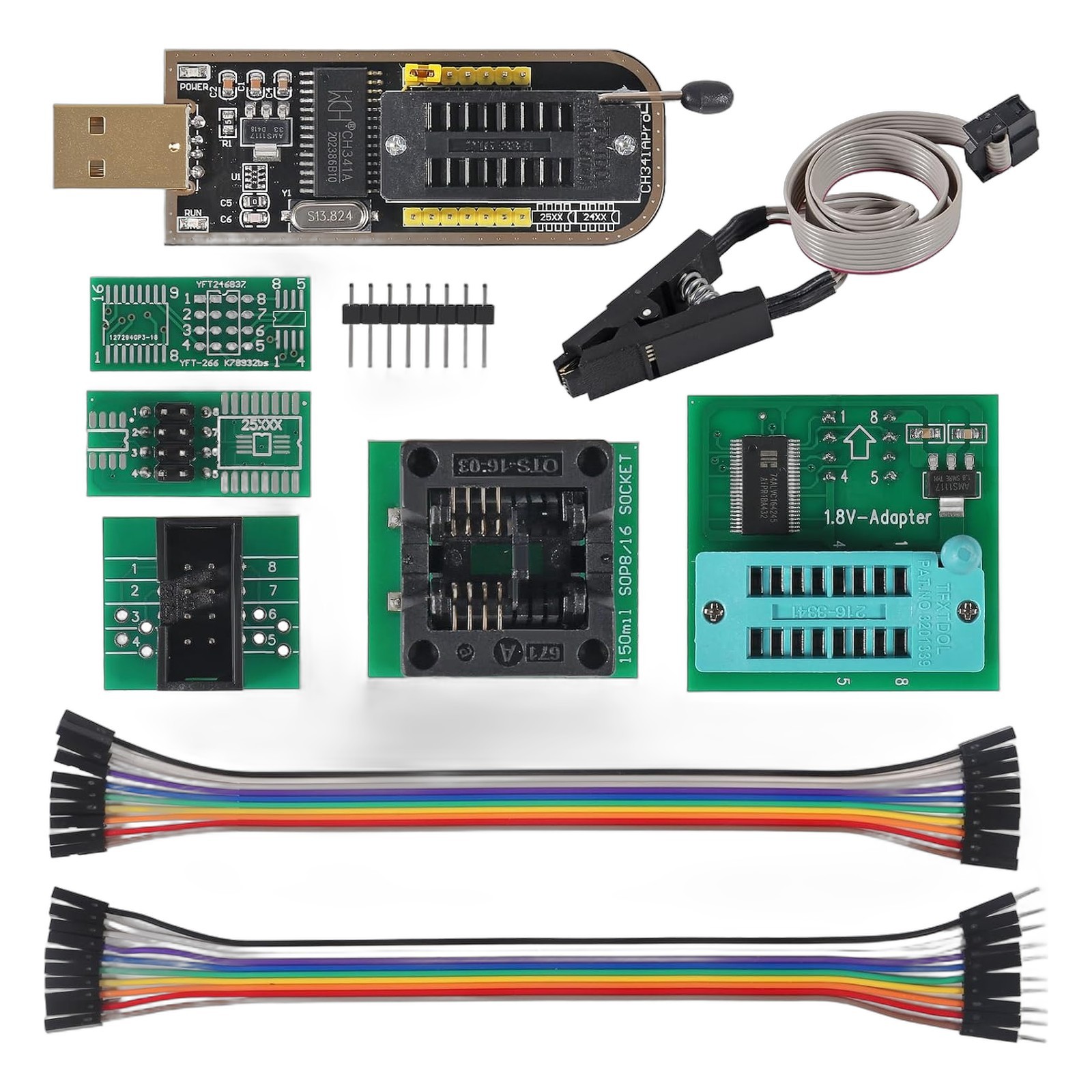 EEPROM BIOS USB Programmer CH341A + SOIC8 SOP8 Test Clip + 1.8V Adapter + SOIC8