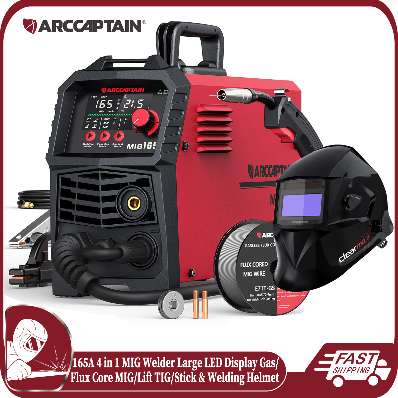 ARCCAPTAIN 165A MIG Welder 4 in 1 Large LED Display 110V/220V & Welding Helmet🔥