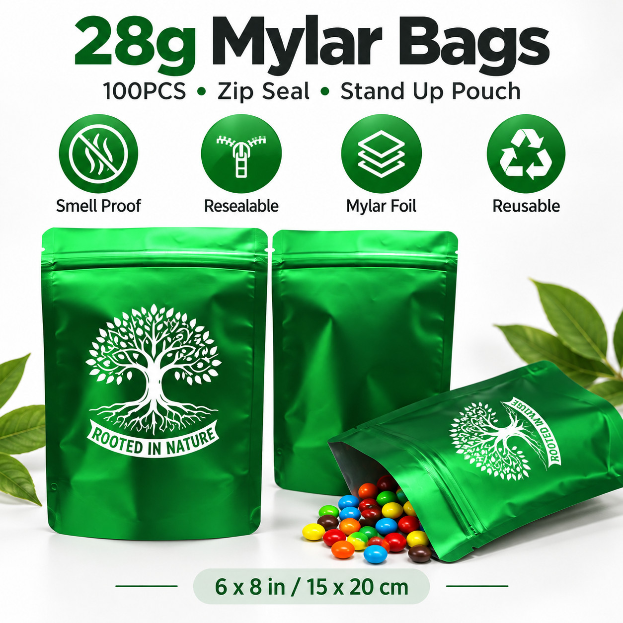 28g Mylar Bags 100PCS Zip Seal Smell Proof Resealable Stand Up Foil Pouches