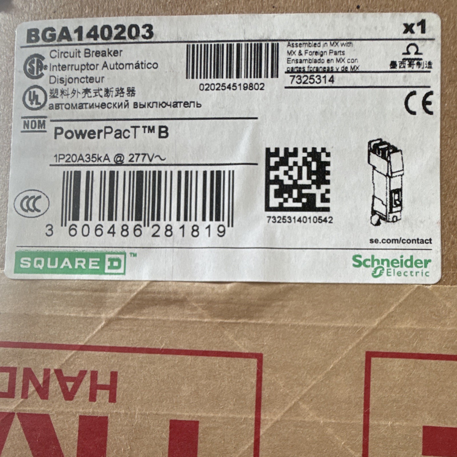 Square D PowerPacT B BGA140203 1-Pole 20A 277V Branch Circuit Breaker