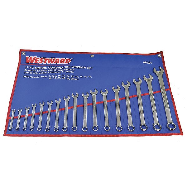 Westward Combination Wrench Set,Satin,7-27mm,17Pc 4PL91 Westward 4PL91