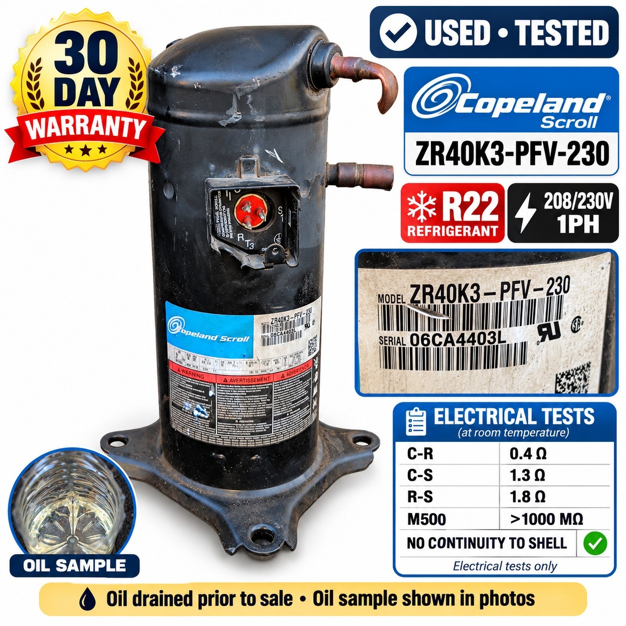 Copeland ZR40K3-PFV-230 208/230V 1PH R22 Scroll Compressor 40,600 BTU OEM