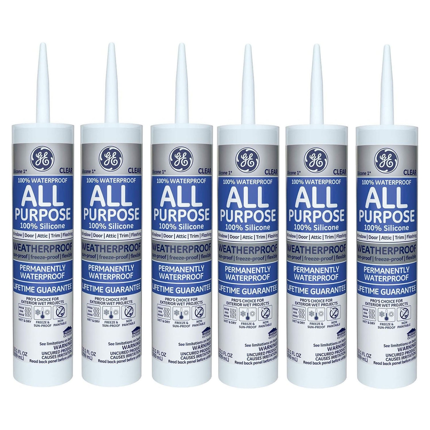 GE GE012 All Purpose Silicone Rubber Caulk 10 oz Clear Waterproof Sealant 6 Pack