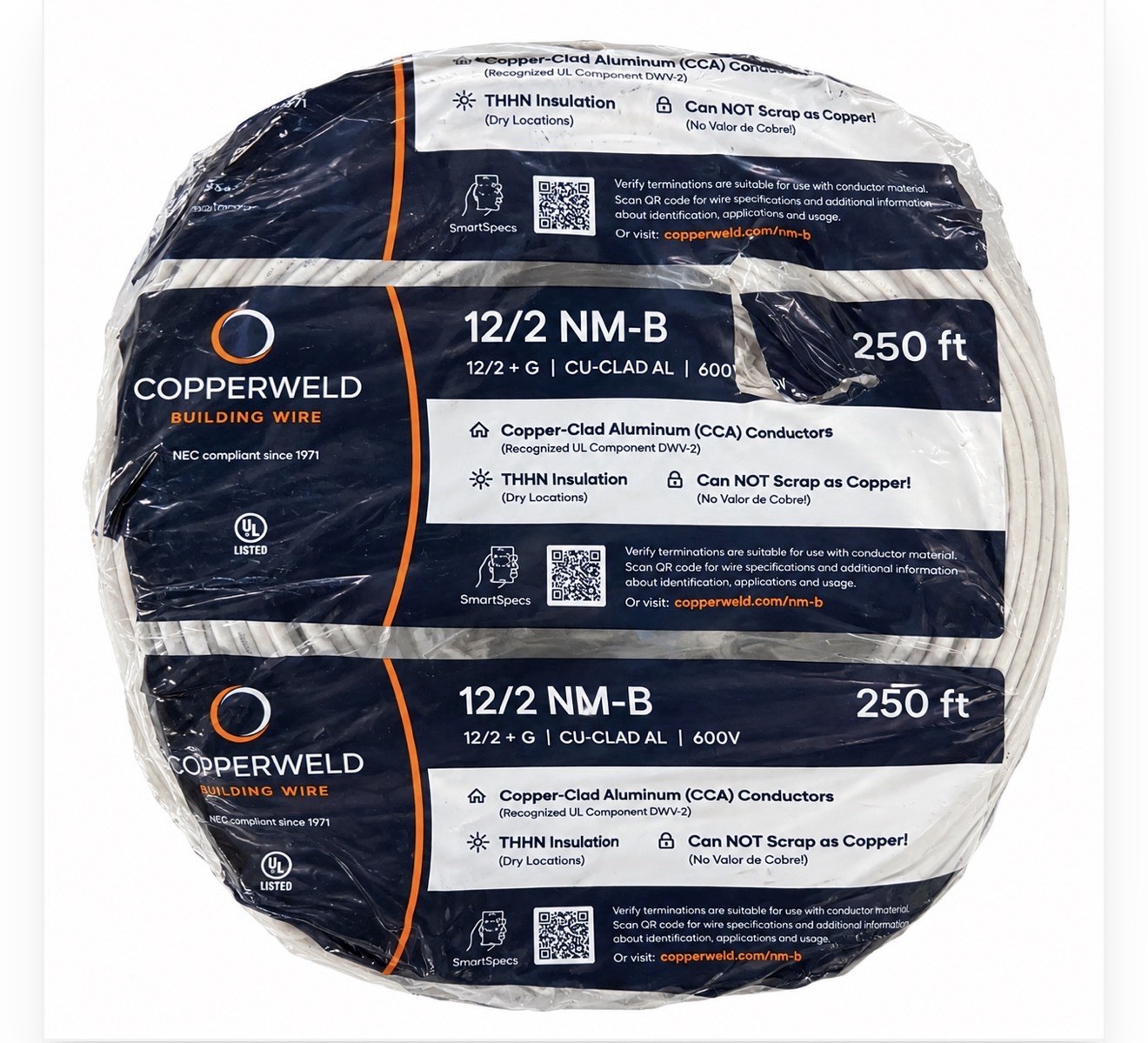 Copperweld 12/2 NM-B Copper-Clad Aluminum Non-Metallic Sheathed Wire 250Ft 600V