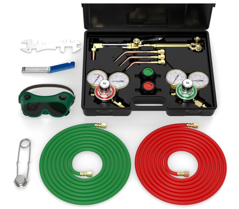 Juego de soplete oxígeno-acetileno para corte y soldadura con reguladores, manóm