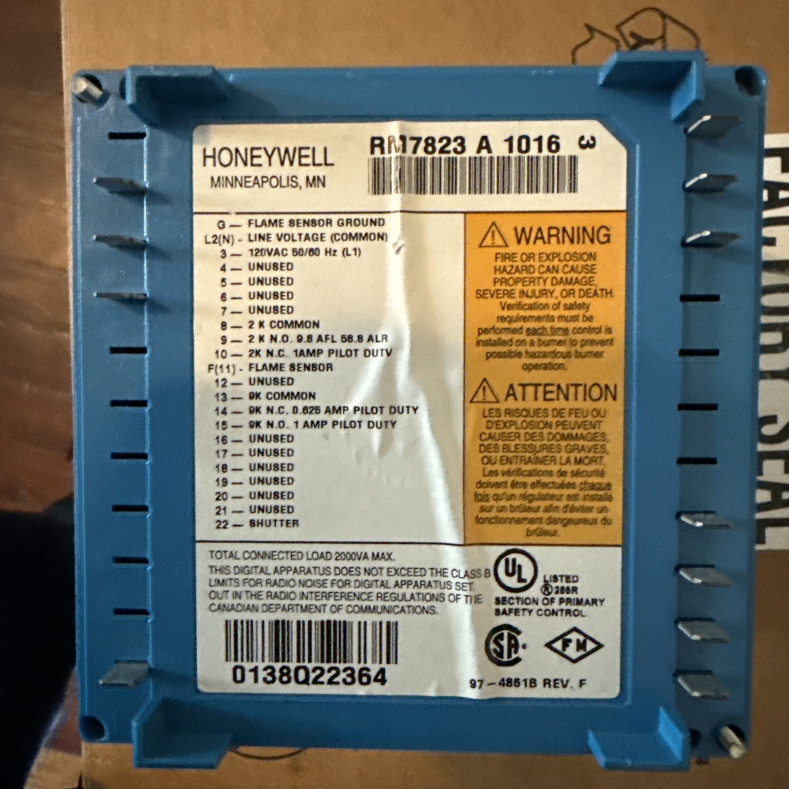 Honeywell RM7823 A 1016 Primary Flame Switch Burner Control